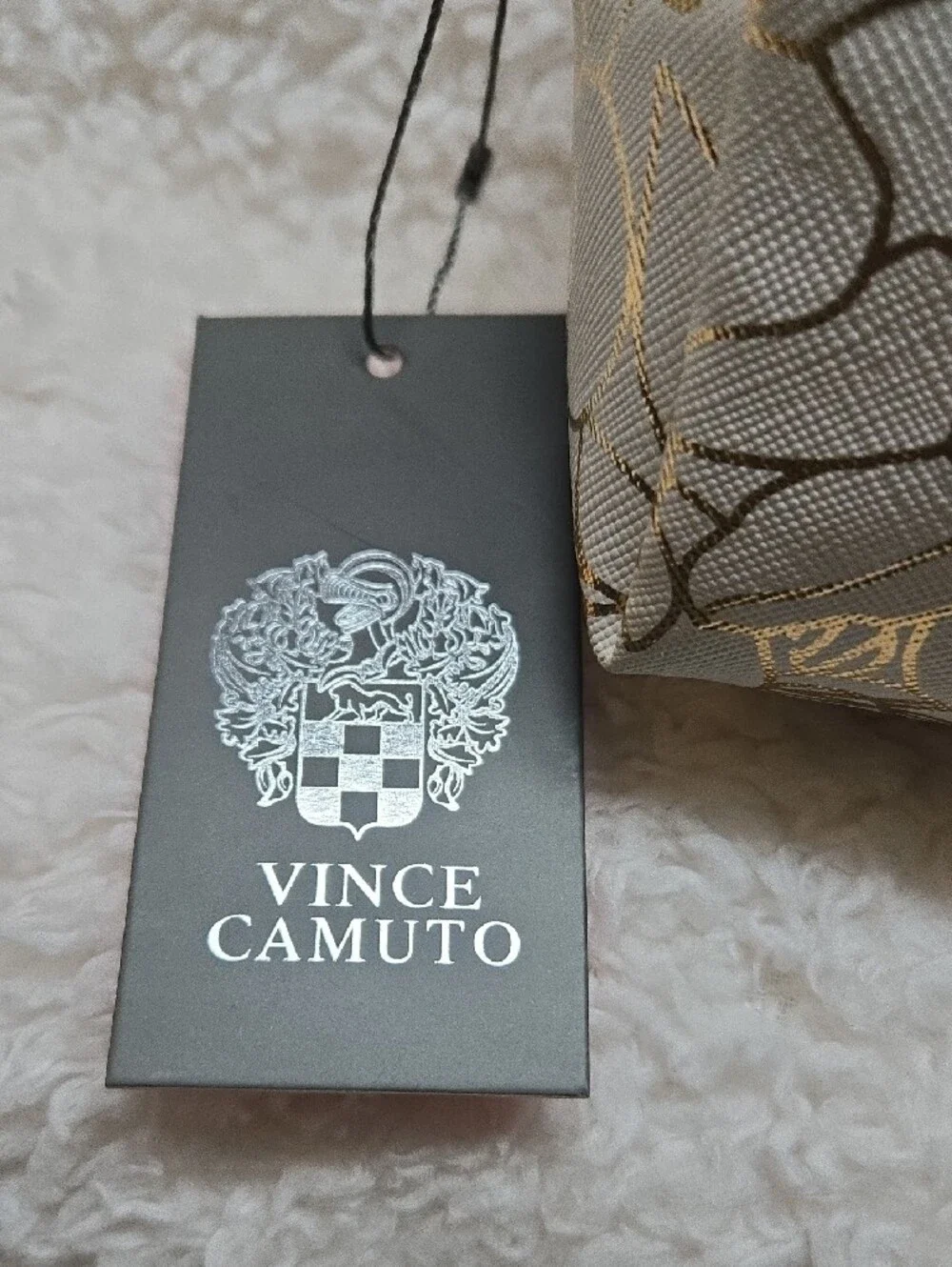 Vince Camuto White Cosmetic Bag with Gold Floral Accents